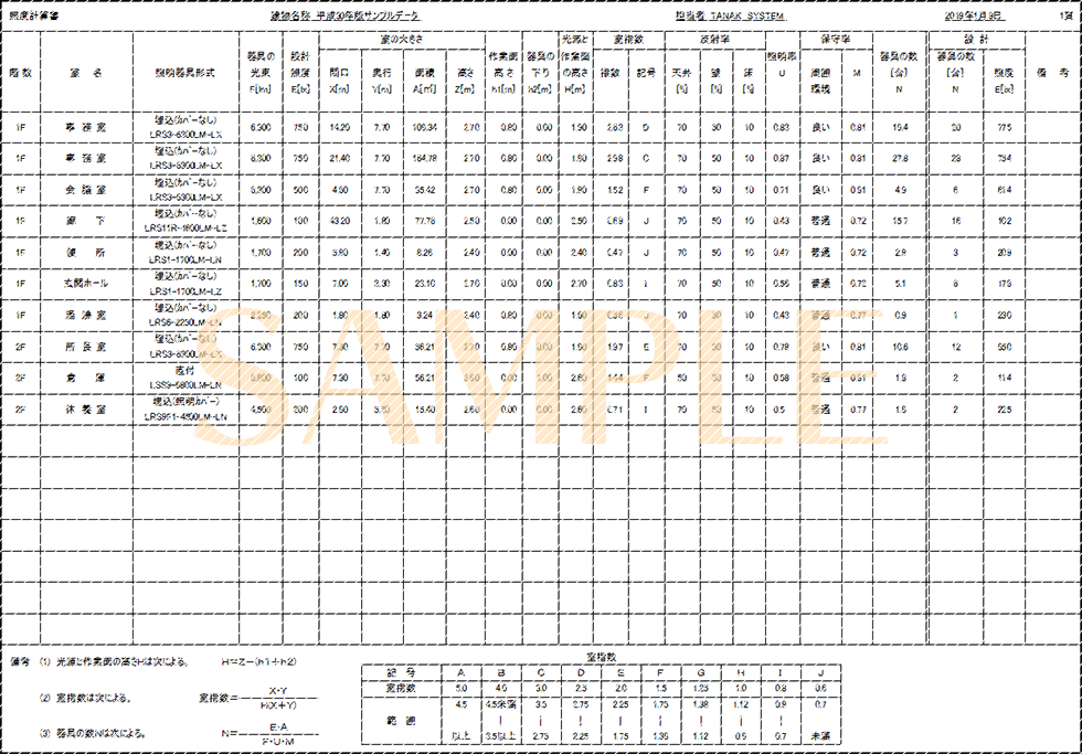「照度計算書」印刷サンプル（E-Calc 平成30年版）